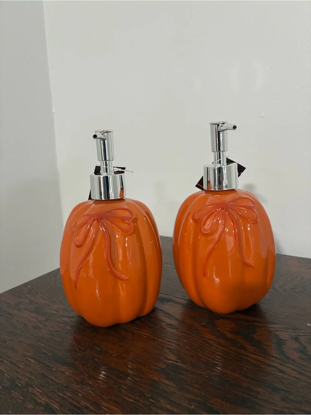 NWT- Set of 2- Orange Ceramic Pumpkin Soap Dispensers w/ Ribbons 18oz